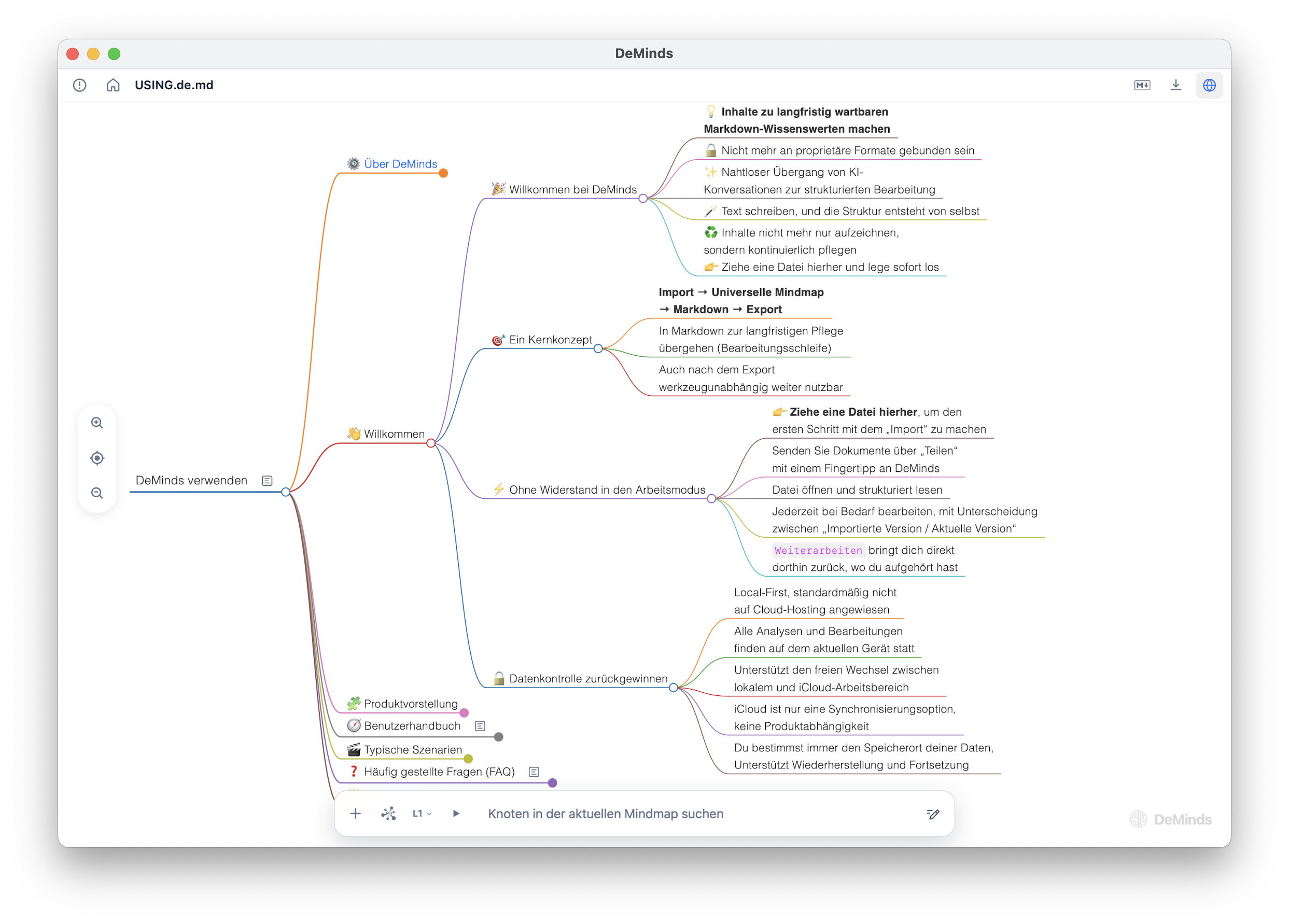 Frühe DeMinds-Oberfläche, die ein Markdown-Dokument als strukturierte Mindmap zeigt.