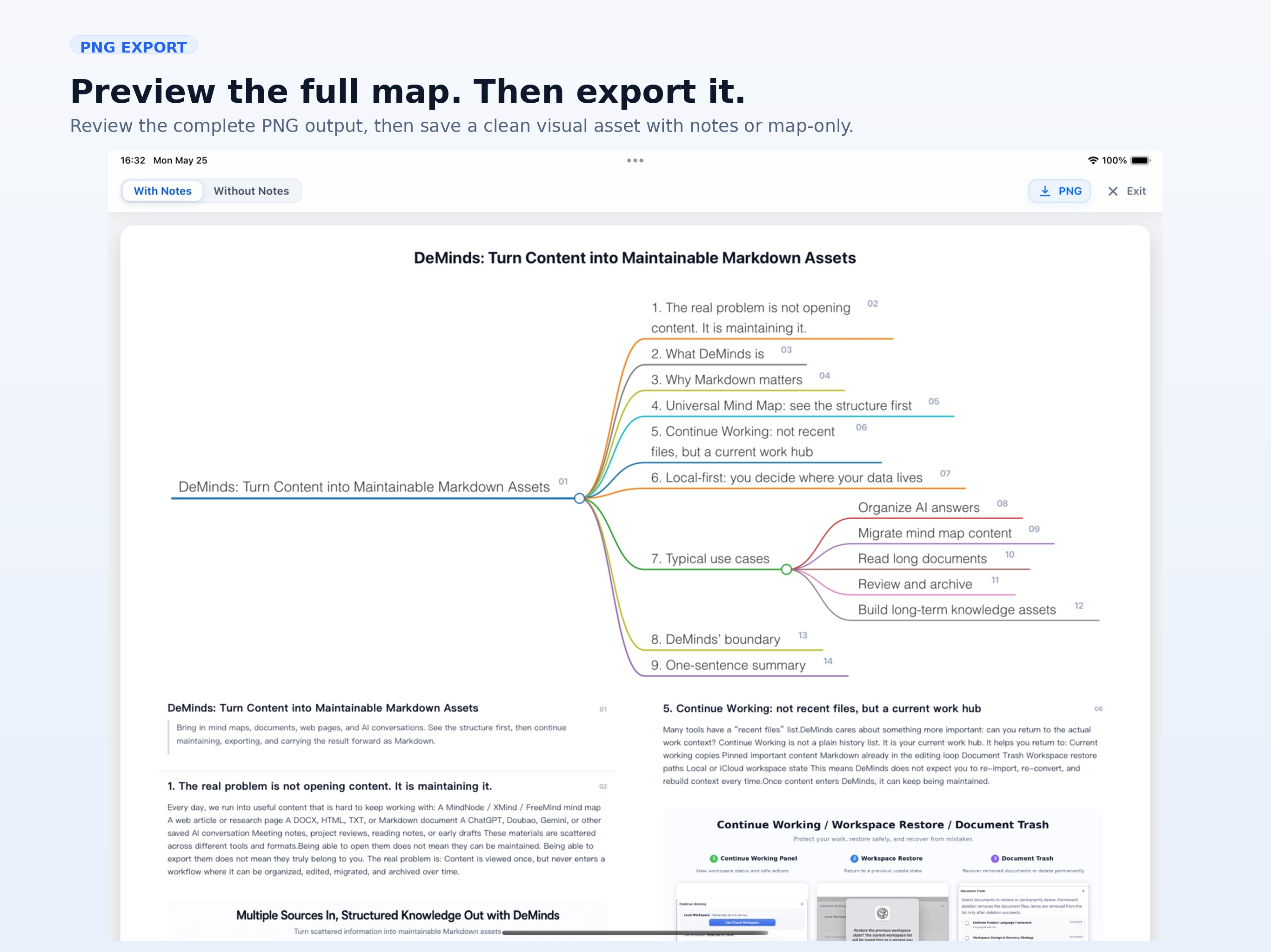 DeMinds PNG Export Preview showing full-map export options before saving.