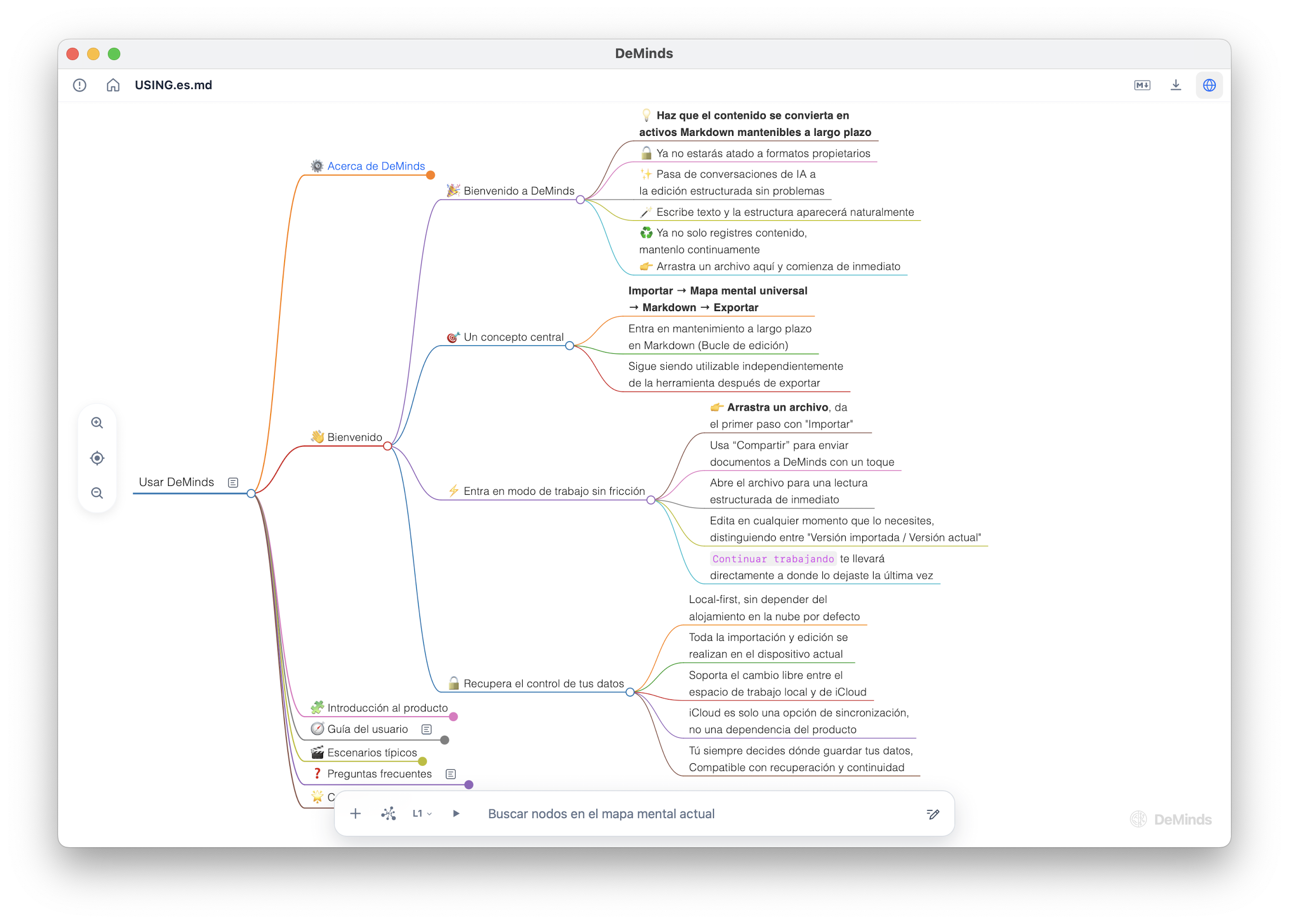 Vista previa inicial de la interfaz de DeMinds que muestra un documento Markdown renderizado como un mapa mental estructurado.