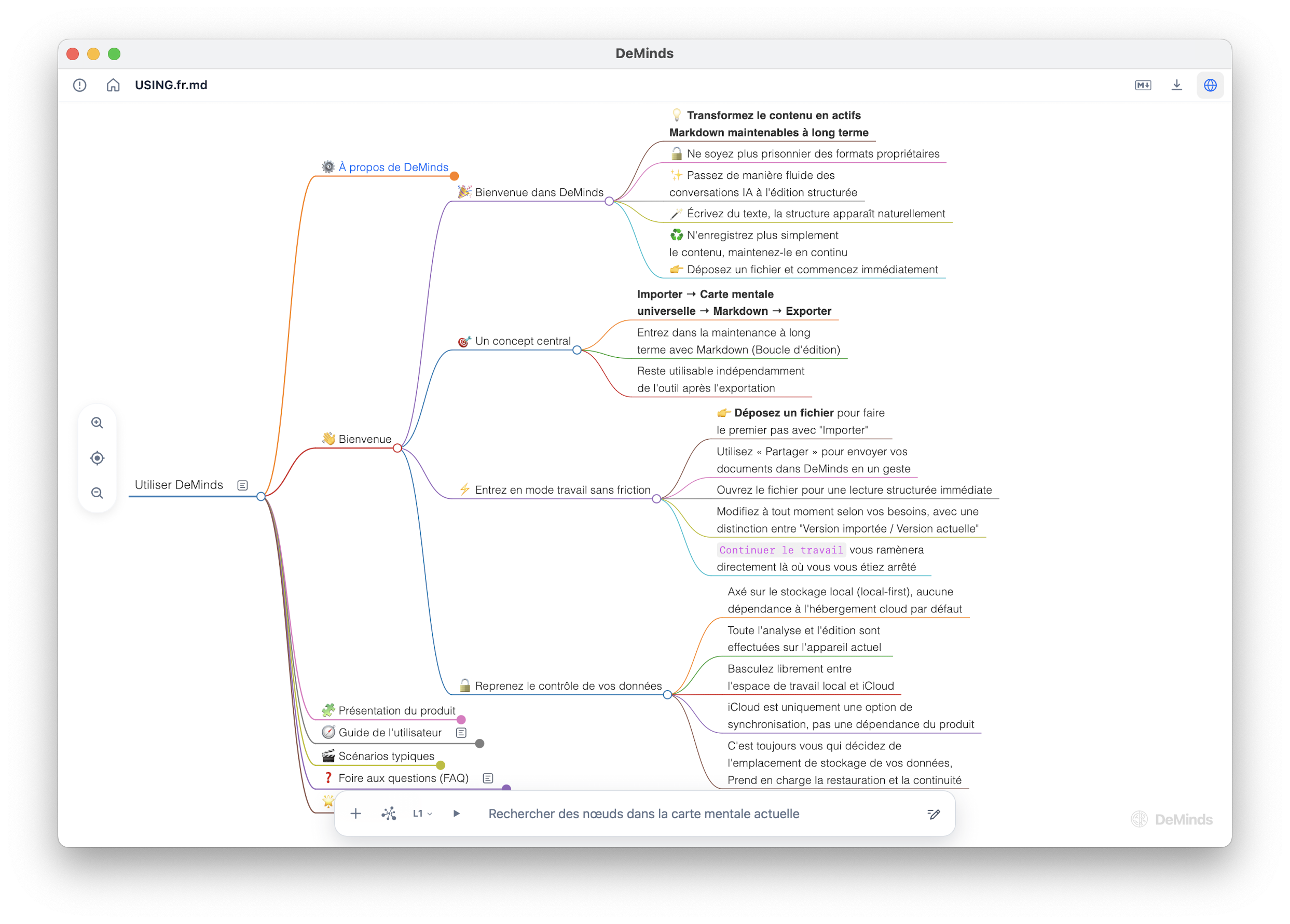 Aperçu précoce de l’interface DeMinds montrant un document Markdown rendu sous forme de carte mentale structurée.