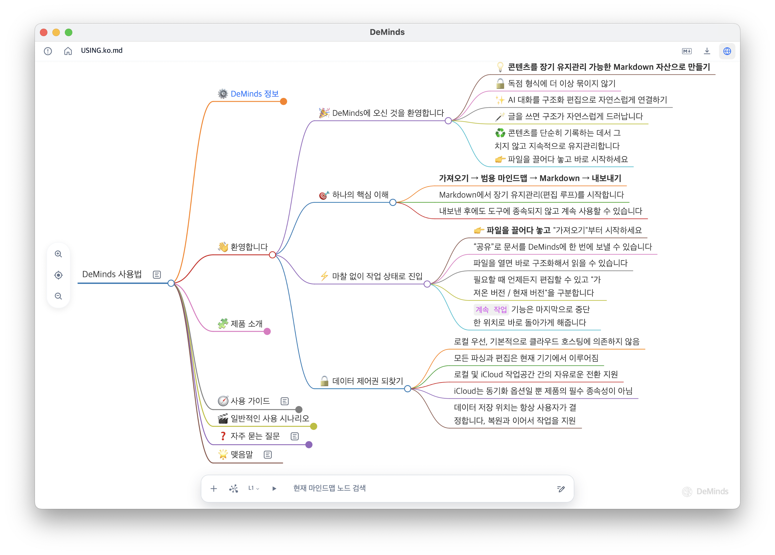 Markdown 문서가 구조화된 마인드맵 형태로 표현되는 DeMinds 초기 인터페이스 미리보기.