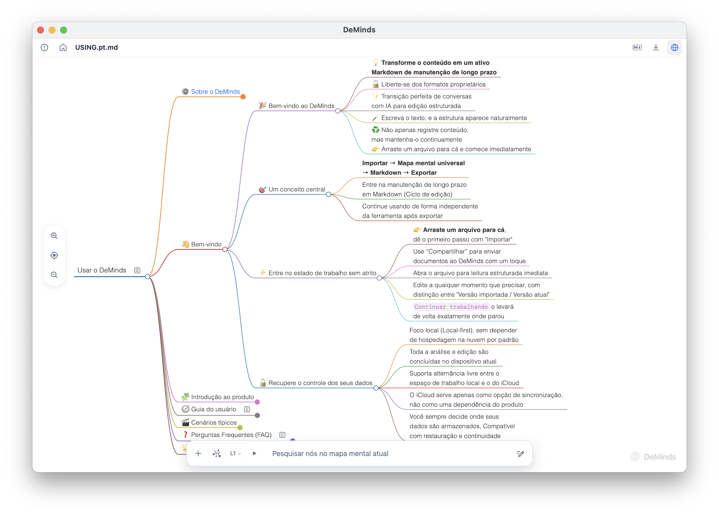 Pré-visualização inicial da interface do DeMinds mostrando um documento Markdown renderizado como um mapa mental estruturado.